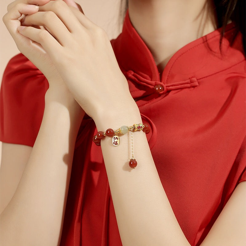 Natural Red Agate & Green Jade Full Blessing Bracelet
