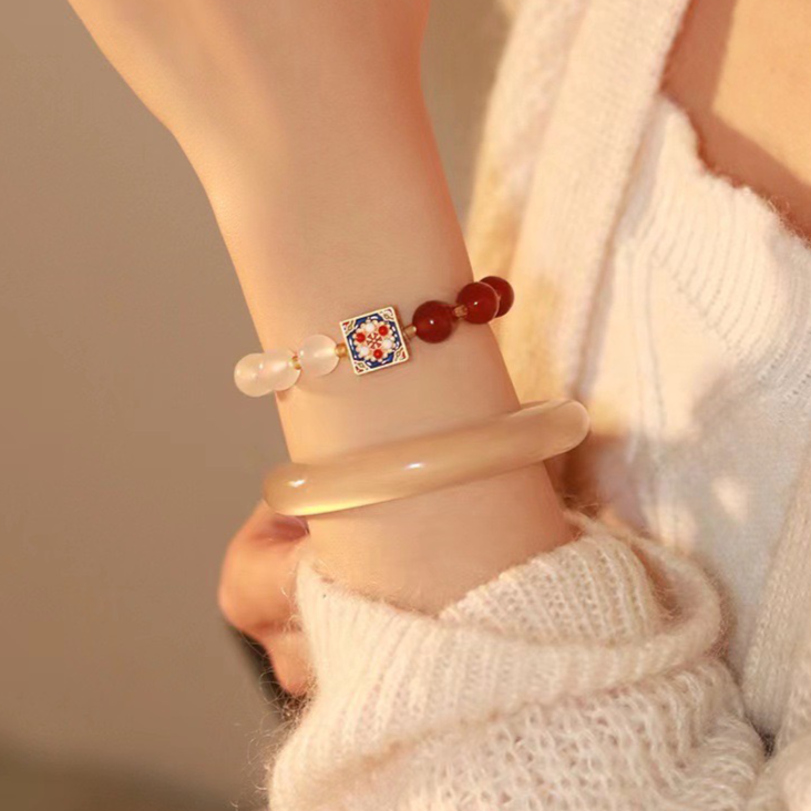 Natural Red Agate & White Jade Prosperity Bracelet