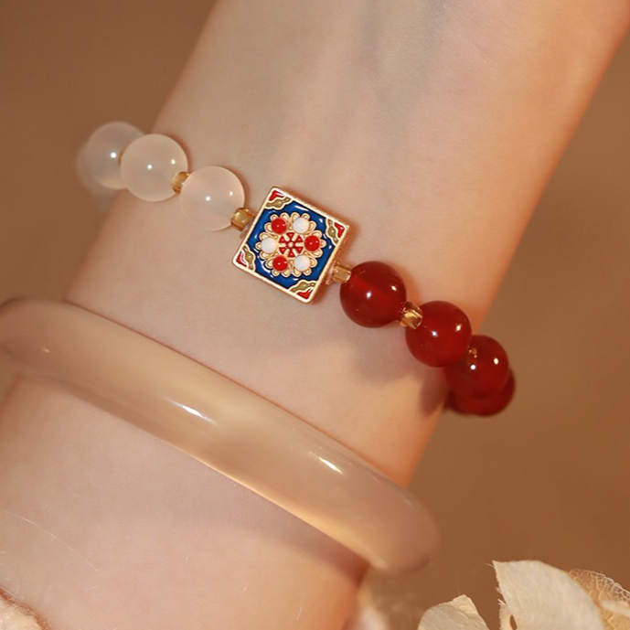 Natural Red Agate & White Jade Prosperity Bracelet