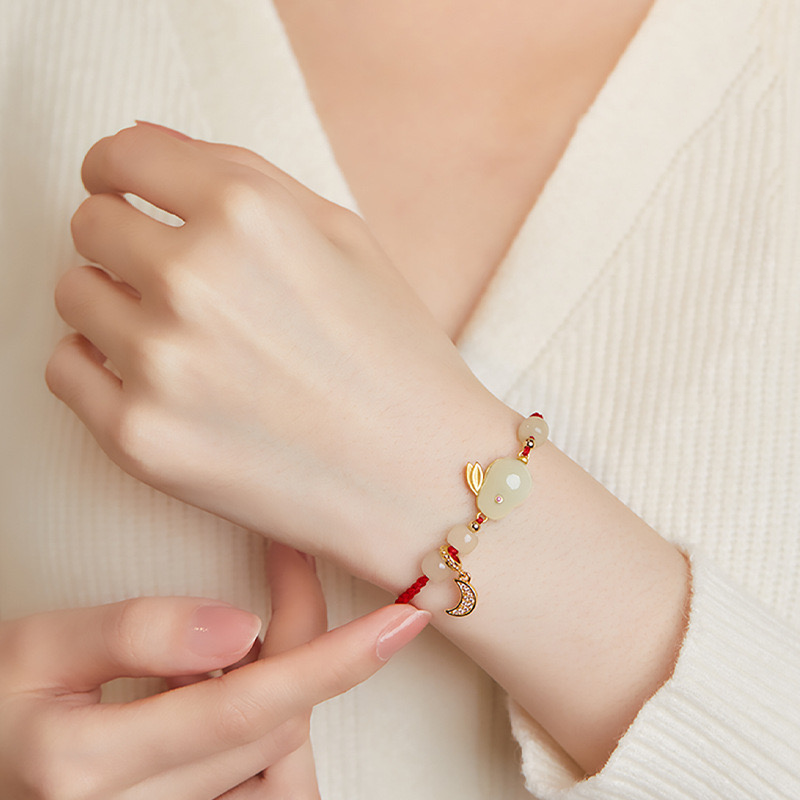 Natural Hetian Green Jade Feng Shui Rabbit Red Rope Bracelet