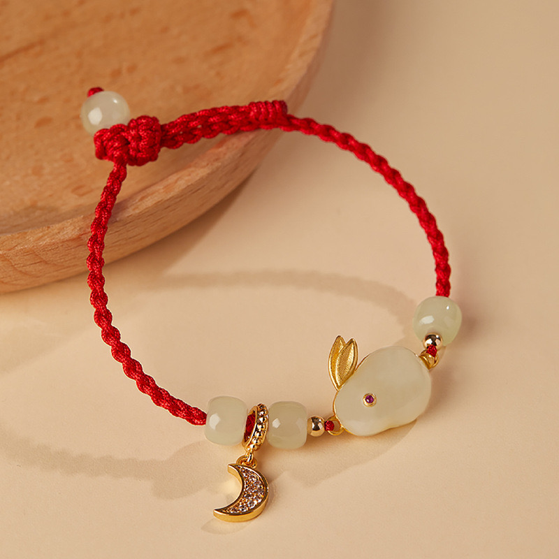 Natural Hetian Green Jade Feng Shui Rabbit Red Rope Bracelet