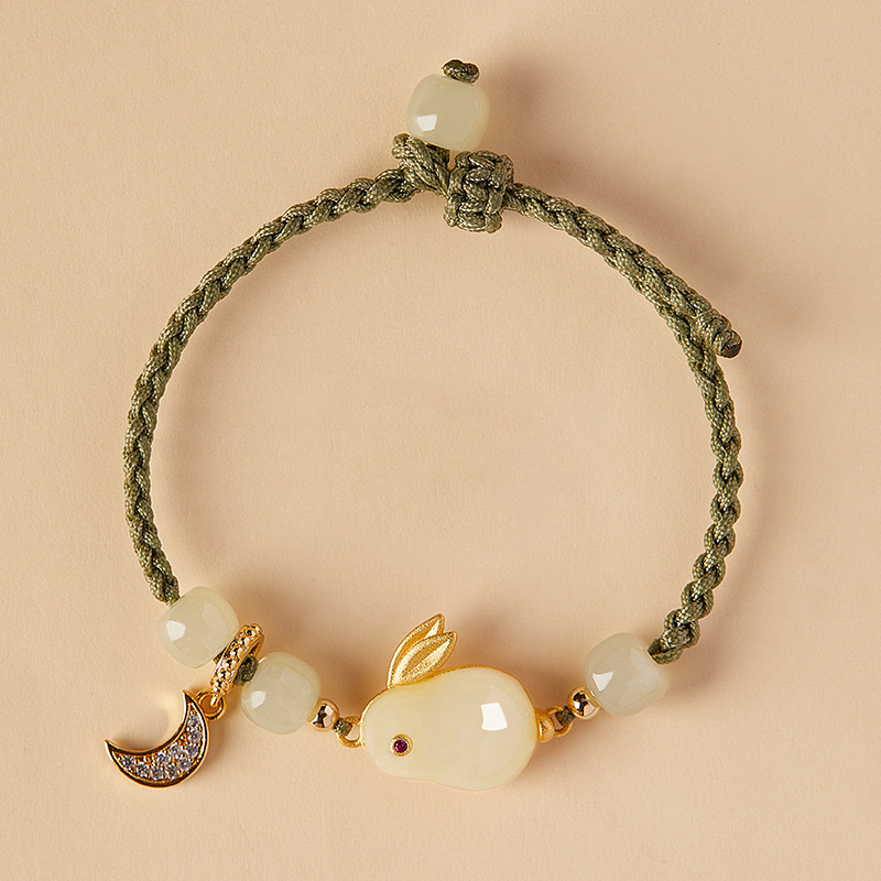 Natural Hetian Green Jade Feng Shui Rabbit Red Rope Bracelet