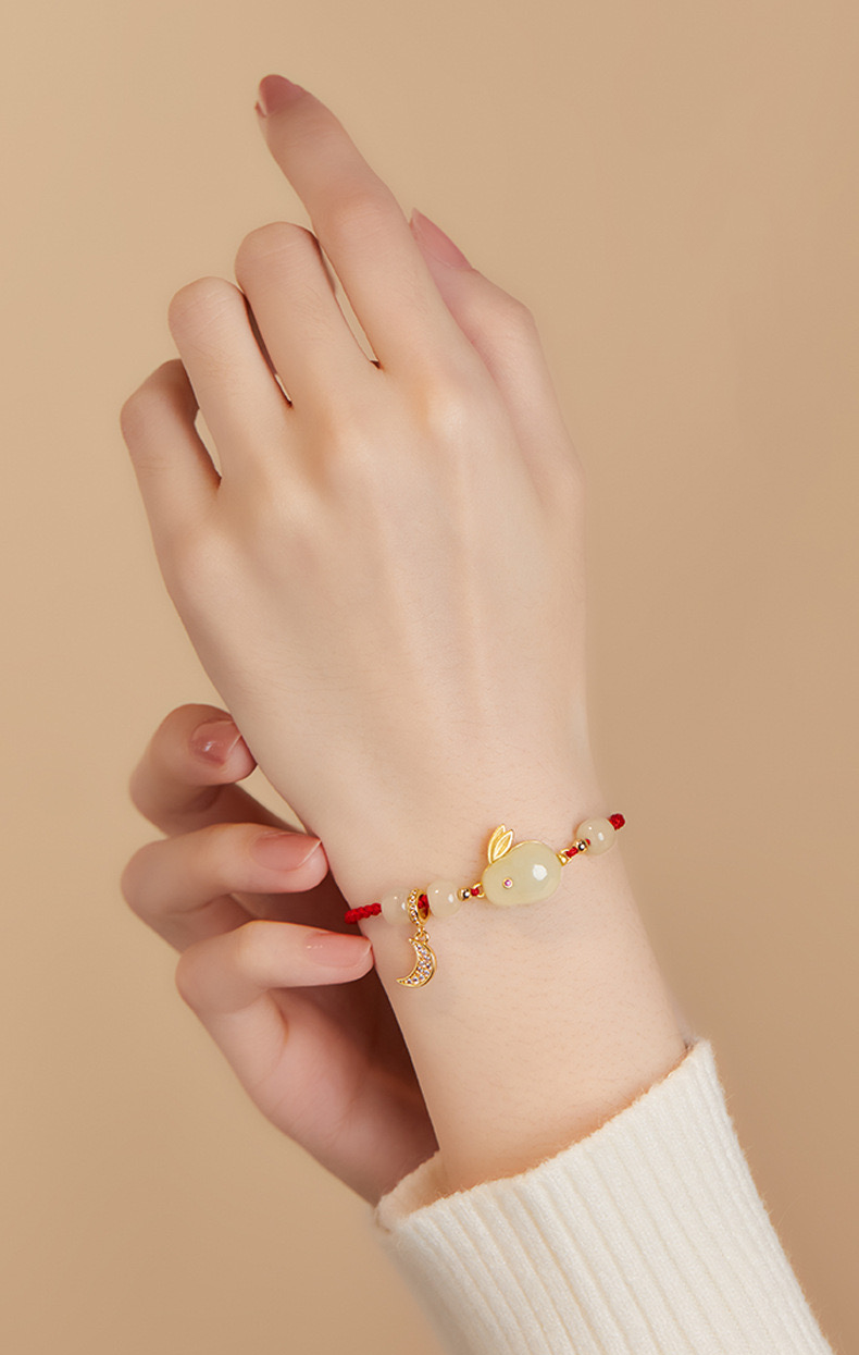 Natural Hetian Green Jade Feng Shui Rabbit Red Rope Bracelet