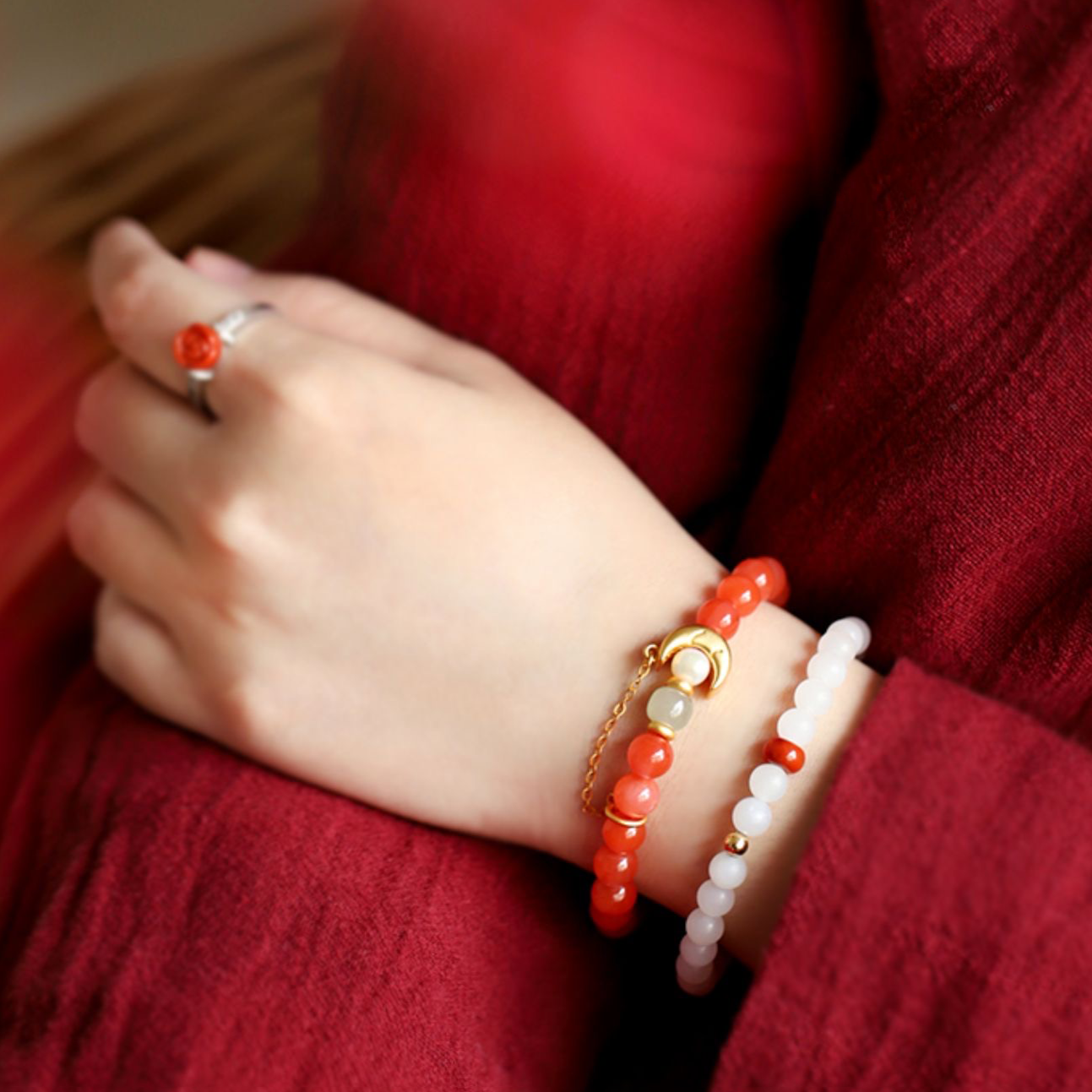 Natural Red Agate Hetian Jade Feng Shui Moon Bracelet