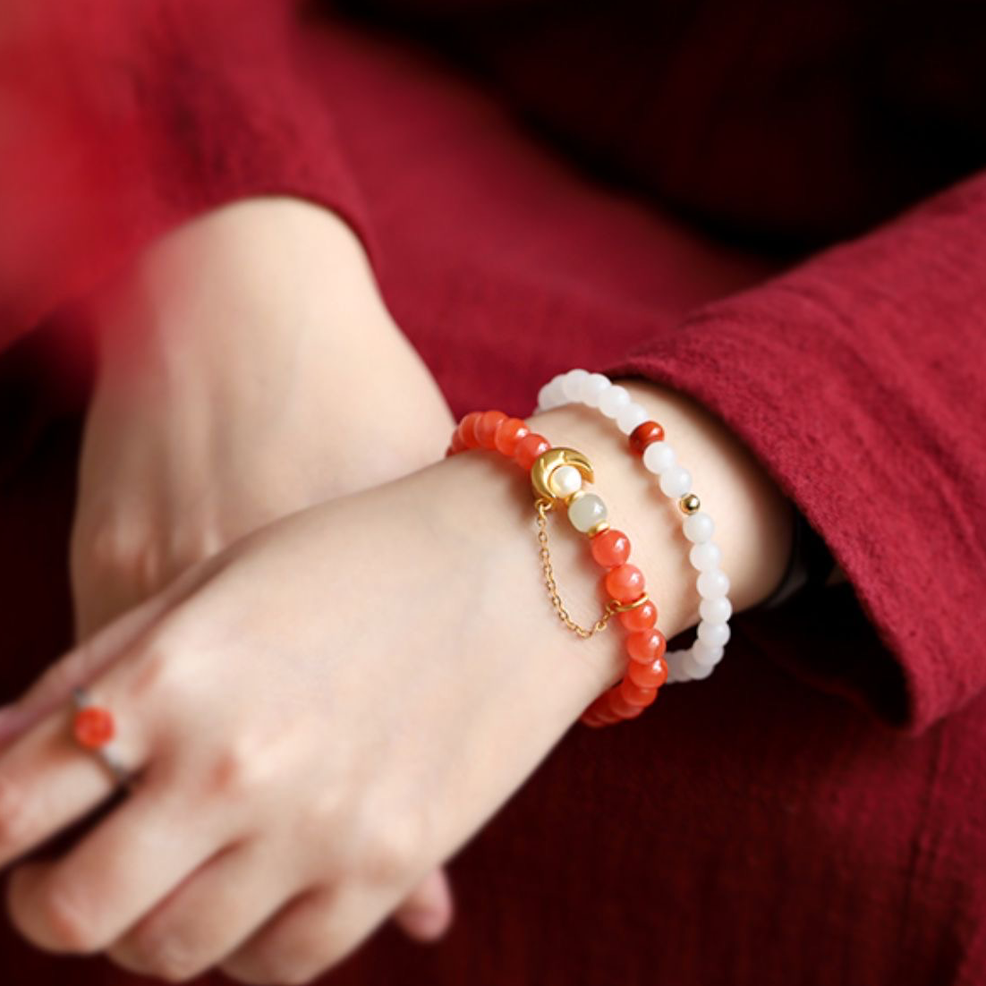 Natural Red Agate Hetian Jade Feng Shui Moon Bracelet