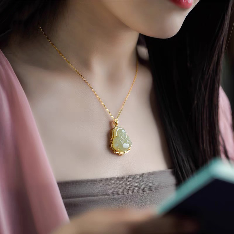 Natural White Laugh Buddha Protection Pendant Necklace