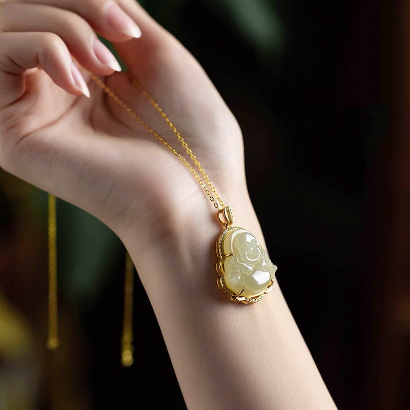 Natural White Laugh Buddha Protection Pendant Necklace