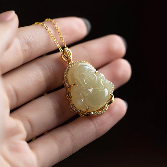 Natural White Laugh Buddha Protection Pendant Necklace