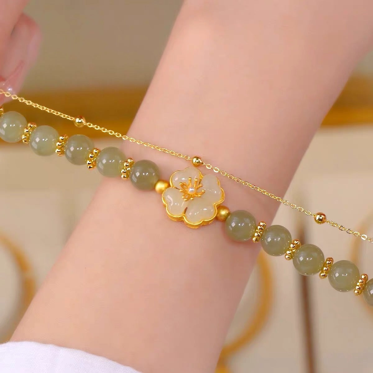 Natural Hetian Jade Peach Blossom Hydrangea Bracelet