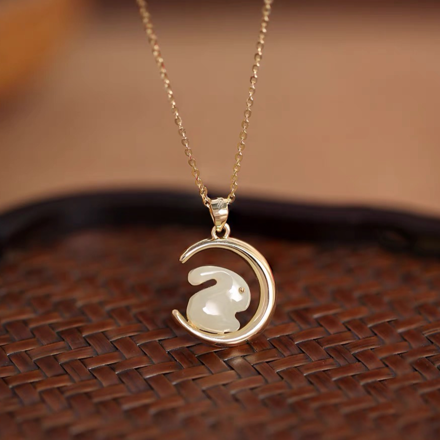 Natural Hetian Jade Feng Shui Rabbit & Moon Luck Pendant
