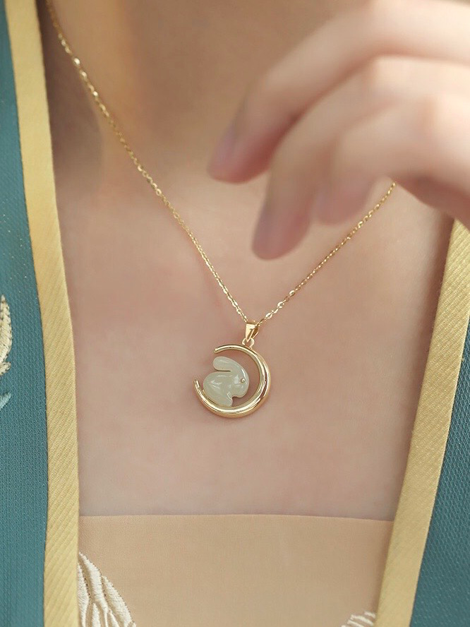 Natural Hetian Jade Feng Shui Rabbit & Moon Luck Pendant