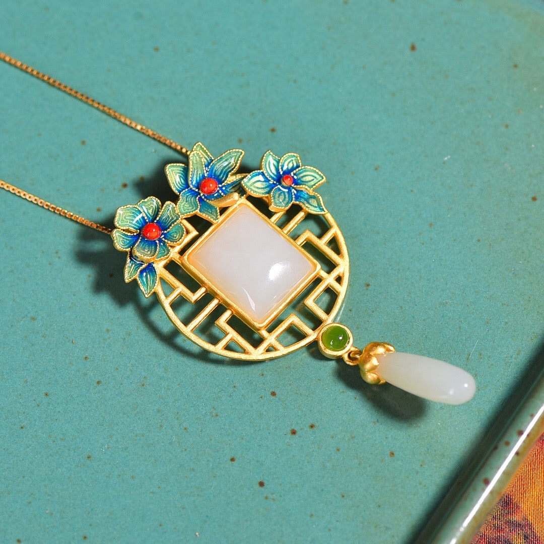 Natural Hetian Jade Enamel Flower Wealth Pendant