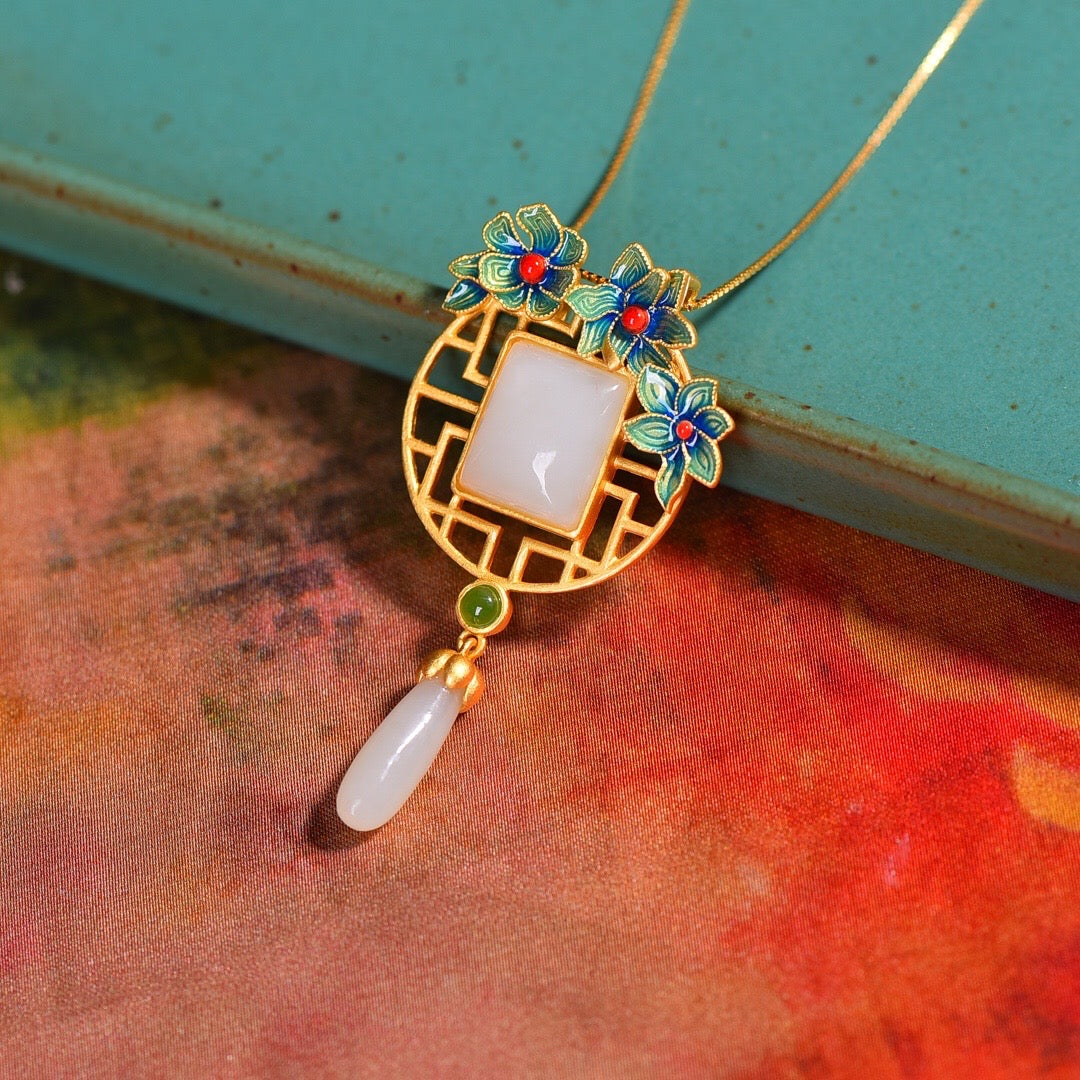 Natural Hetian Jade Enamel Flower Wealth Pendant