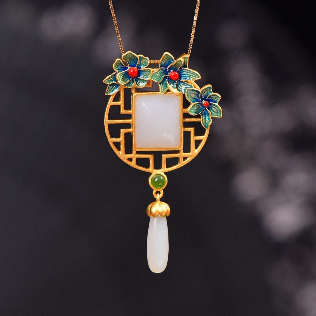 Natural Hetian Jade Enamel Flower Wealth Pendant