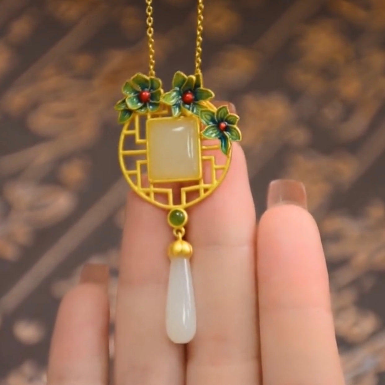 Natural Hetian Jade Enamel Flower Wealth Pendant