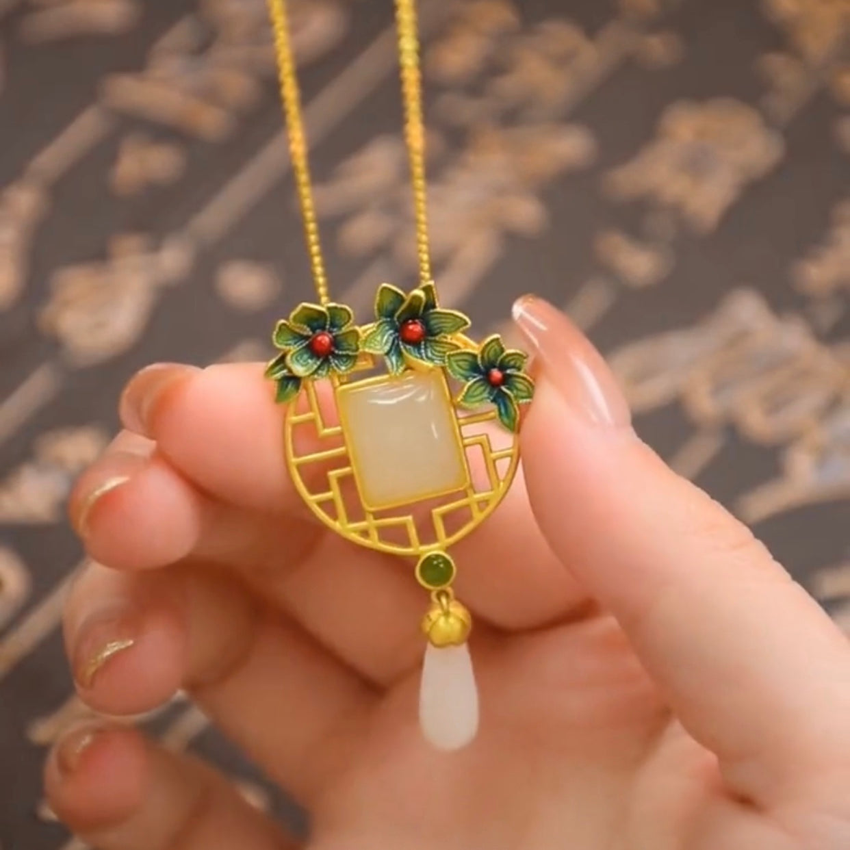 Natural Hetian Jade Enamel Flower Wealth Pendant