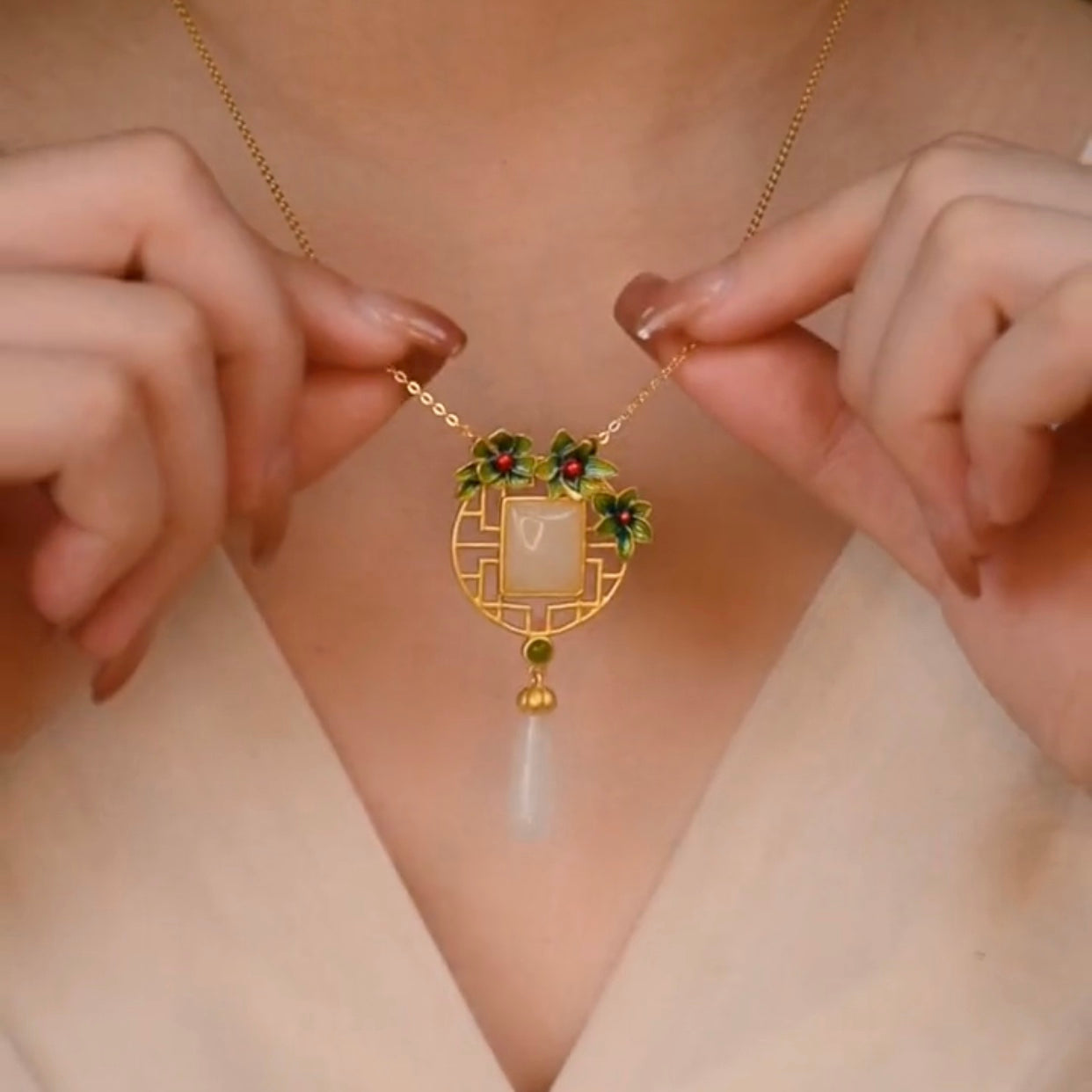 Natural Hetian Jade Enamel Flower Wealth Pendant