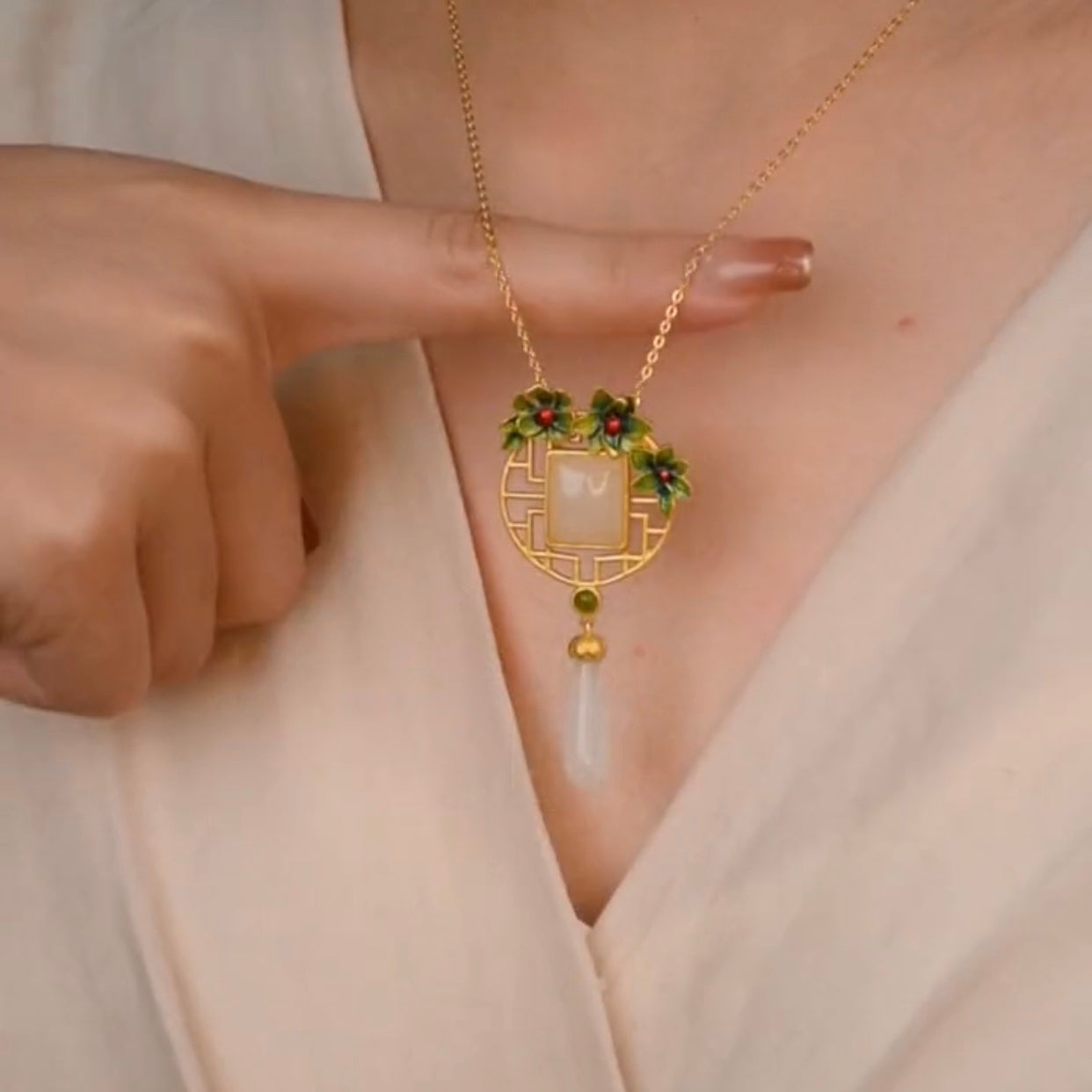 Natural Hetian Jade Enamel Flower Wealth Pendant