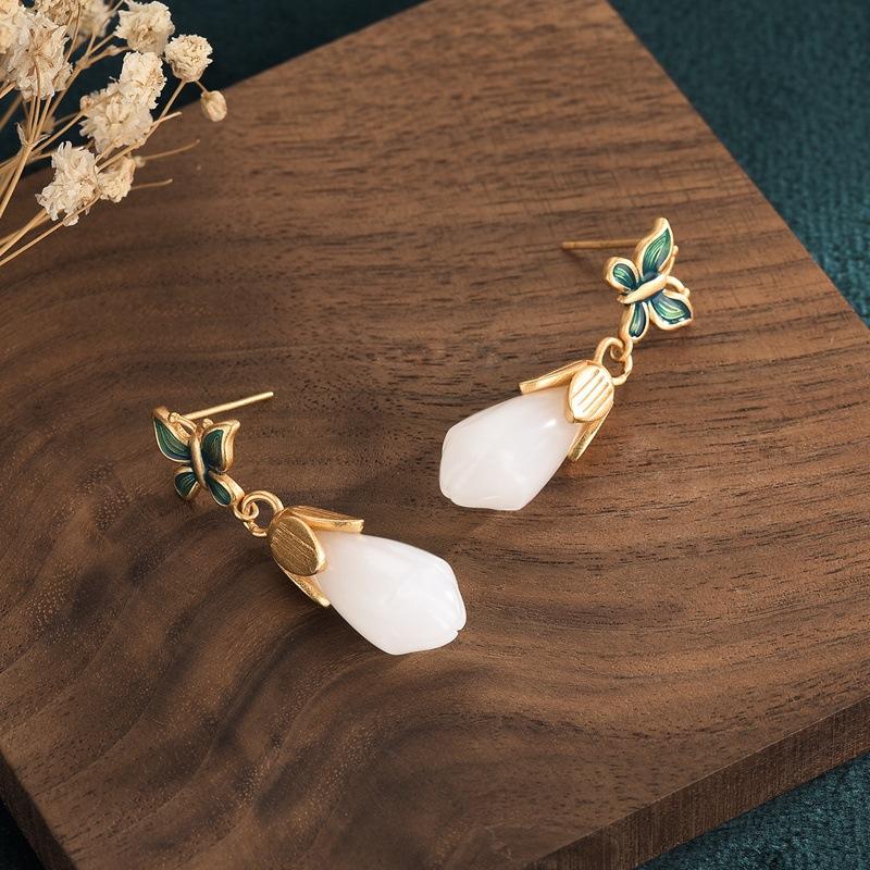 Feng Shui Enamel White Jade Lucky Earrings