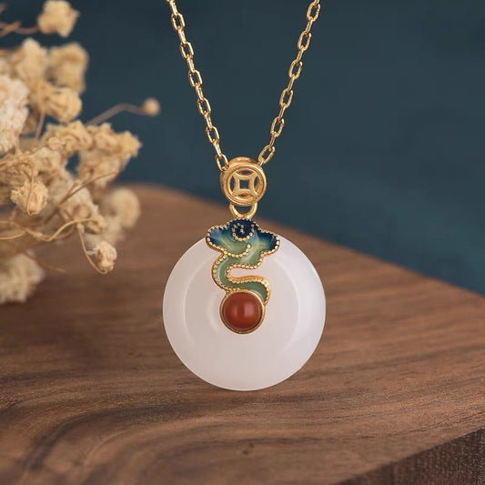 Feng Shui White Jade Auspicious Enamel Pendant Necklace