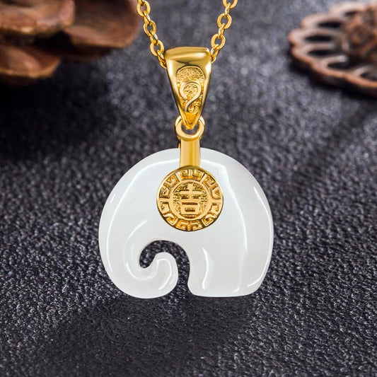 Feng Shui Elephant White Jade Pendant Necklace