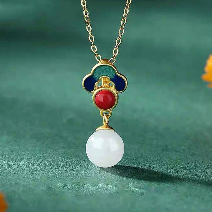 Feng Shui Enamel Amber Stud Pendant Necklace