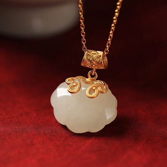 Feng Shui Longevity Lock  White Jade Necklace