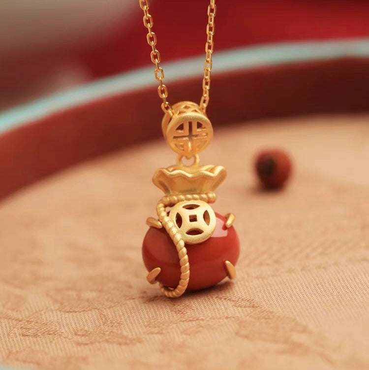 Feng Shui Red Agate Money Bag Wealth Necklace