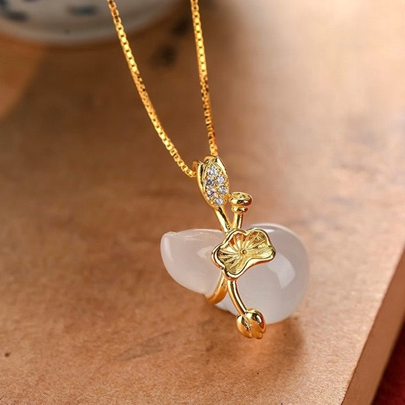 Hetian White Jade Hulou Lotus Leaf Pendant Necklace