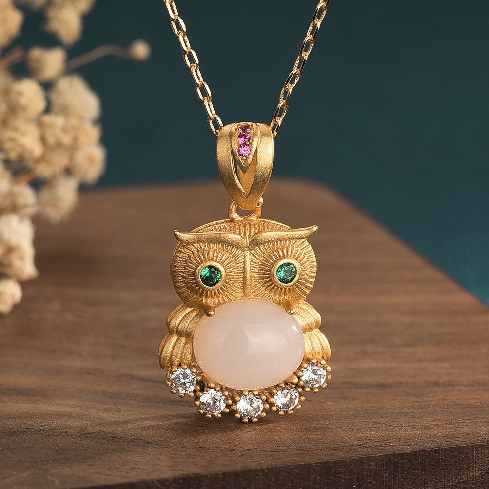 Feng Shui Vintage Owl White Jade Necklace