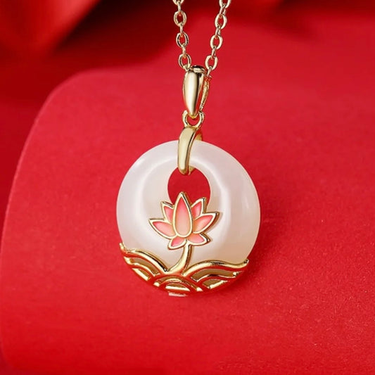 Natural Hetian Jade Longevity Lock Lotus Necklace