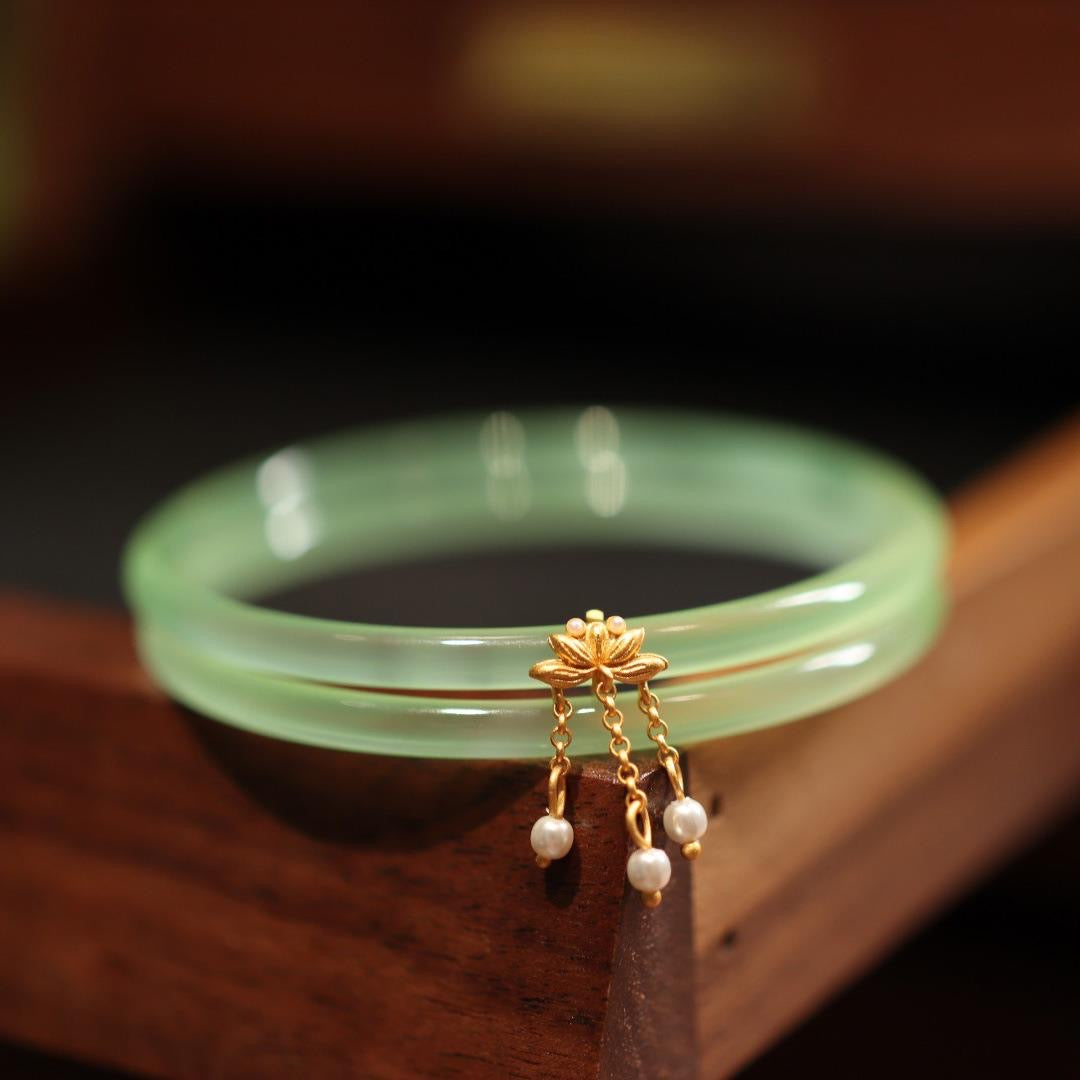 Natural Green Jade Lotus Double Bangle