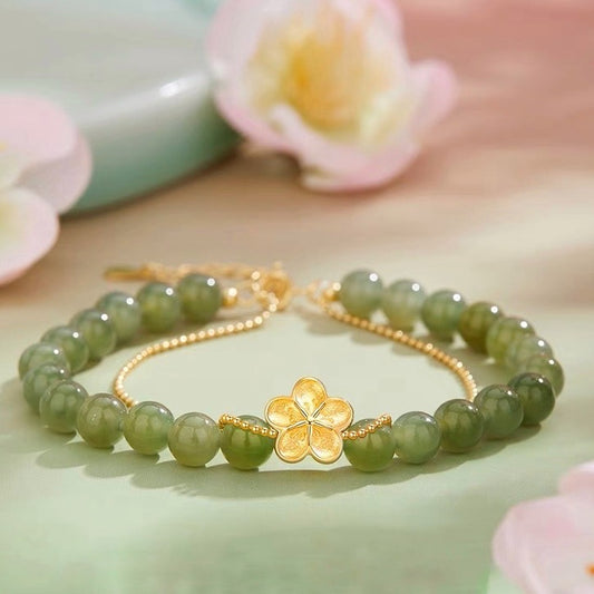 Natural Hetian Green Jade Feng Shui Flower Luck Bracelet