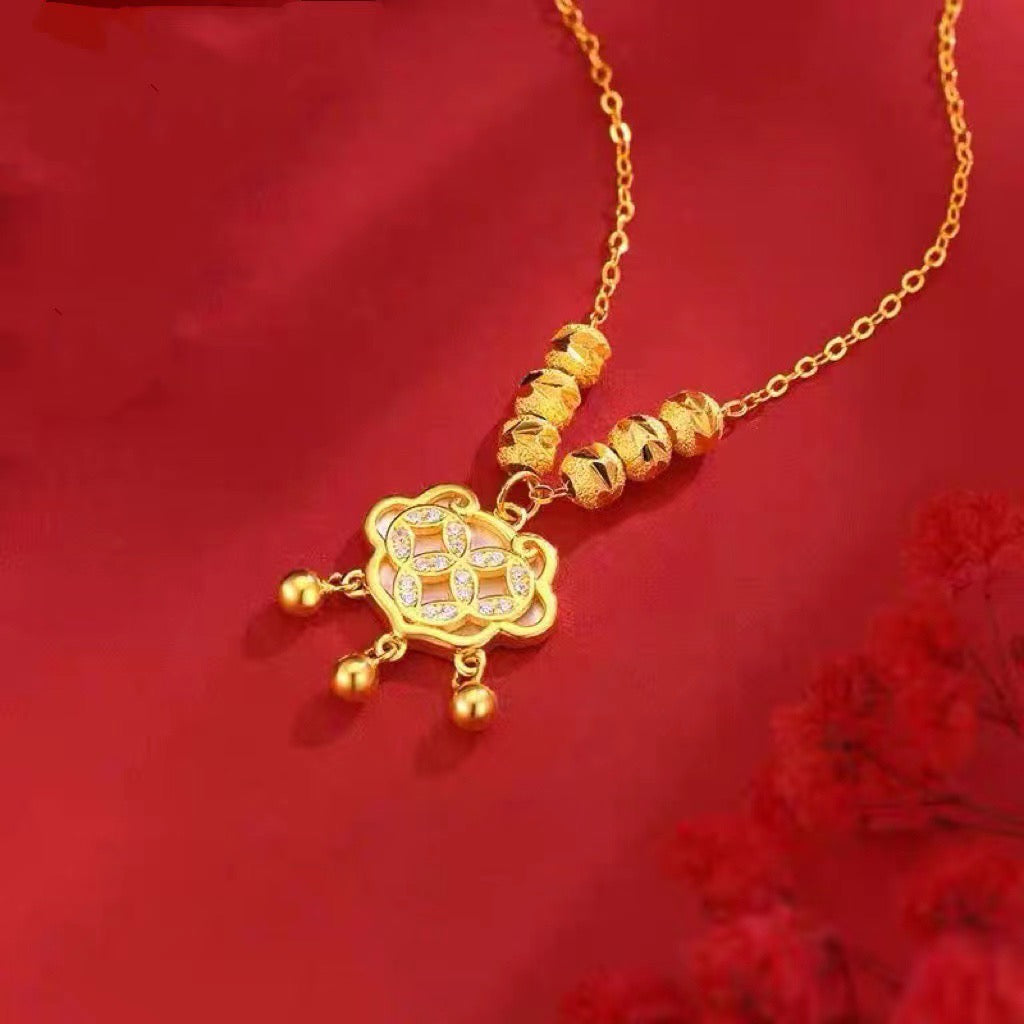 Feng Shui Fortune & Longevity Lock Gold Plated 999 Silver Necklace