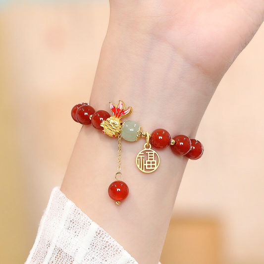 Natural Hetian Jade & Red Agate Koi Fish Blessing Bracelet