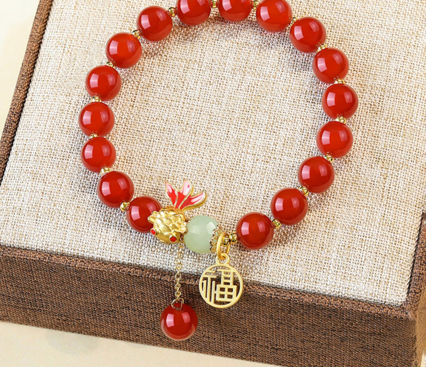 Natural Hetian Jade & Red Agate Koi Fish Blessing Bracelet