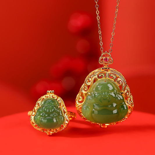 Natural Green Hetian Jade Feng Shui Buddha Sachet Pendant