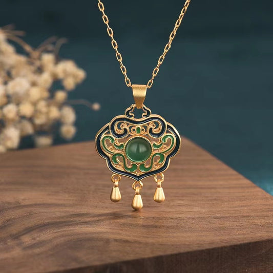 Green Jade Fortune Lock Gold Pendant Necklace