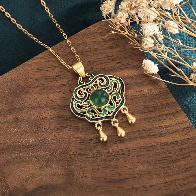 Green Jade Fortune Lock Gold Pendant Necklace