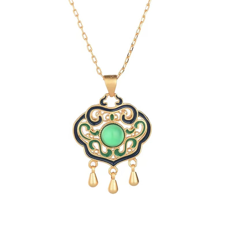 Green Jade Fortune Lock Gold Pendant Necklace