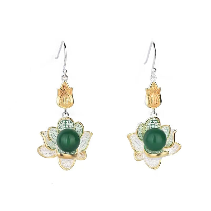 Auspicious Lotus Green Jade Lucky Silver Earrings