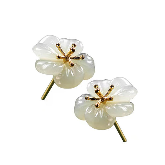 White Jade Plum Flower Stud Earrings