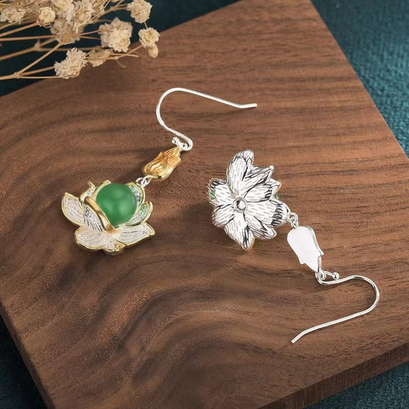 Auspicious Lotus Green Jade Lucky Silver Earrings