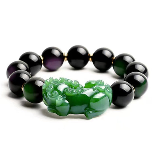 Natural Green Jade Pixiu Black Obsidian Bead Bracelet