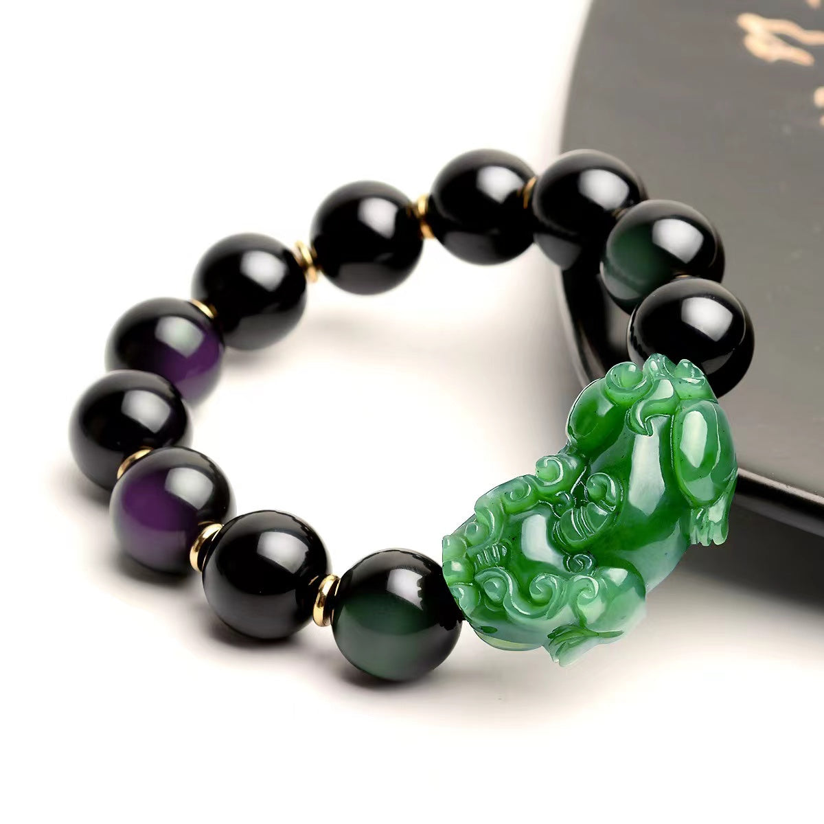Natural Green Jade Pixiu Black Obsidian Bead Bracelet