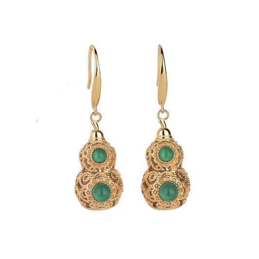 Green Jade Calabash Gold Wealth Earrings