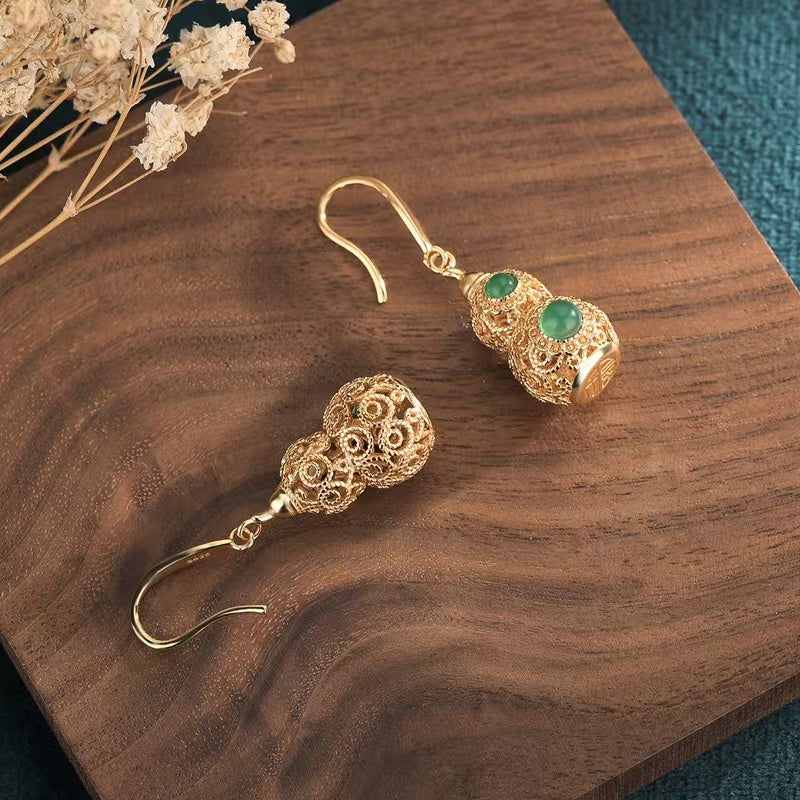Green Jade Calabash Gold Wealth Earrings