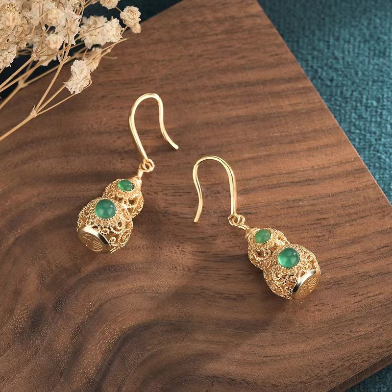 Green Jade Calabash Gold Wealth Earrings