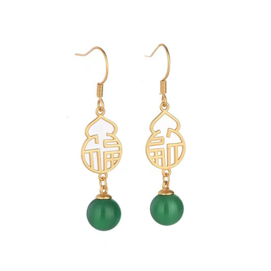 Full Blessing Green Jade Gold Wealth Earrings