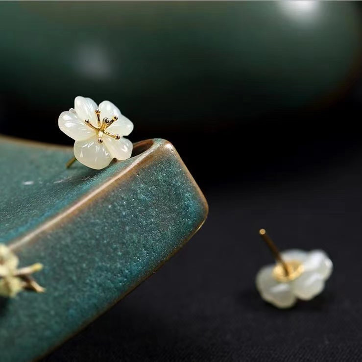 White Jade Plum Flower Stud Earrings